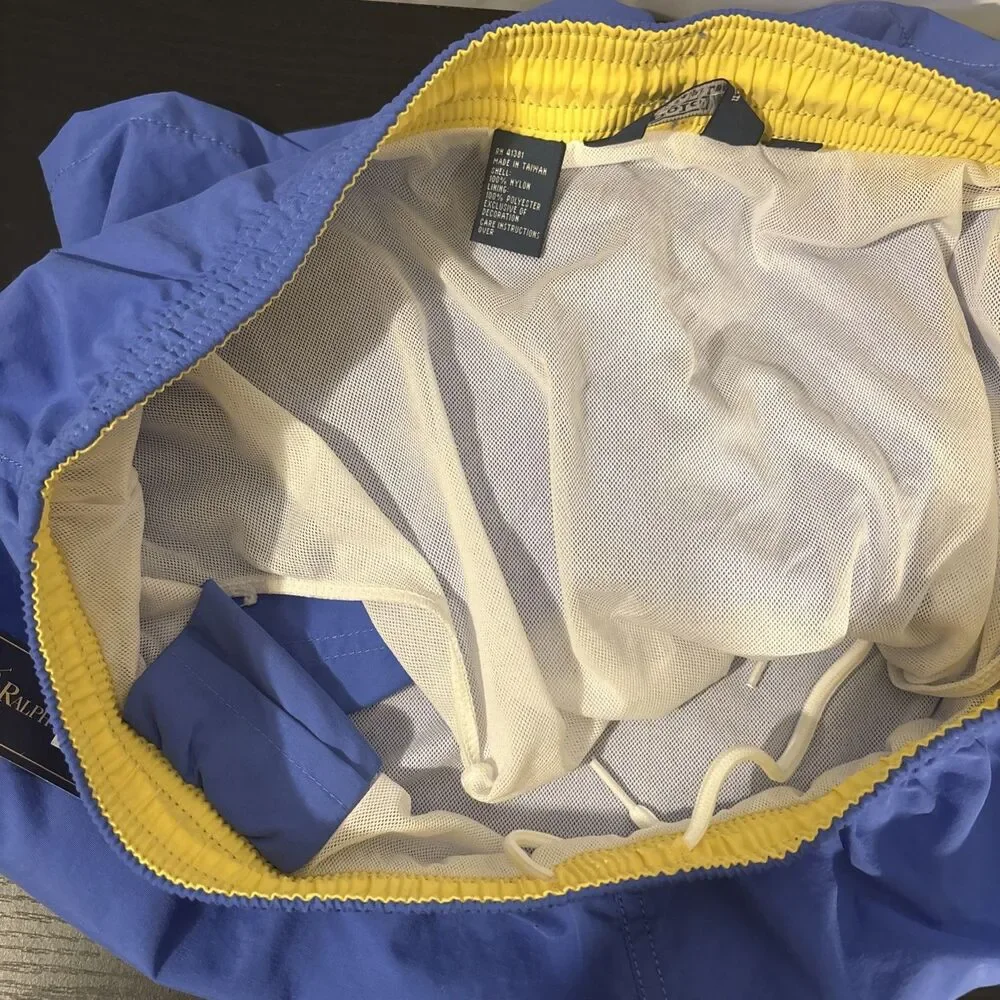 NWT Vintage Polo Ralph Lauren Swim Trunks Mens 2XL Blue 5” Inseam Yellow Pony